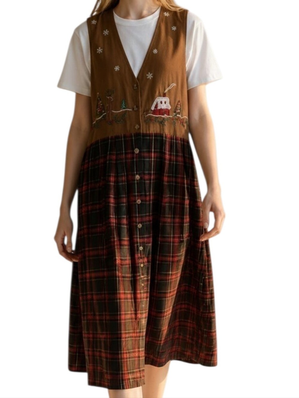 Vtg 90 Casey Max Christmas Plaid Maxi Dress Jumper Embroidered Grandmacore S
